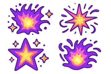 Obraz premium Comic explosion burst and star vector set. Cartoon bang and boom effect elements. Abstract energy flash splash collection for pop art design. Colorful graphic illustration icons.