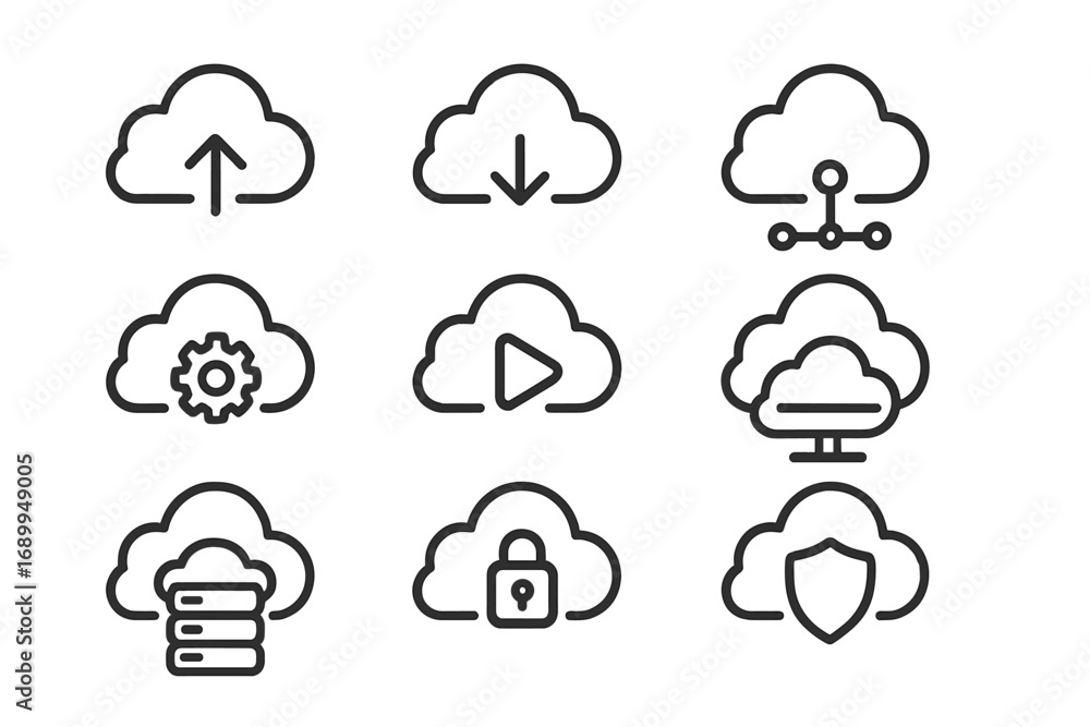 Aufkleber cloud computing line icon set. vector outline icons for web and mobile. data storage, server, databa