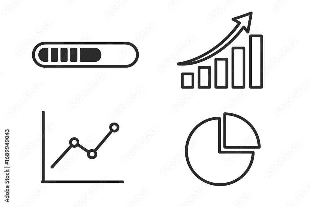 Poster data analysis chart graph icon set. progress bar, growth diagram, line chart, pie chart. vector outl