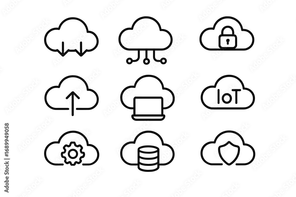 Fototapete cloud computing outline icon set. line art symbols for web, technology, and networking. vector icons