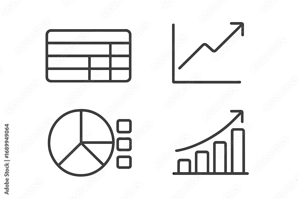 Poster business data analytics vector icon set. line icons of charts, graphs for reports and infographics. 