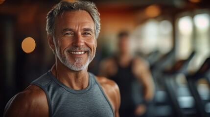 Obraz premium Smiling mature man with gray hair and beard wearing sleeveless athletic shirt in gym environment with blurred background