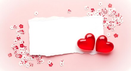 Two red hearts and a blank white card surrounded by small flowers on a pink background create a romantic and festive valentines day scene
