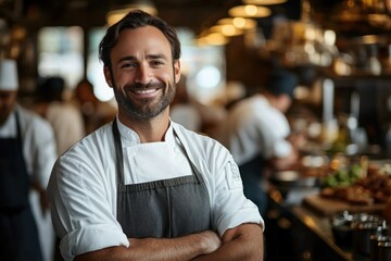 Obraz premium Confident chef smiling with arms crossed wearing apron in a professional busy kitchen environment