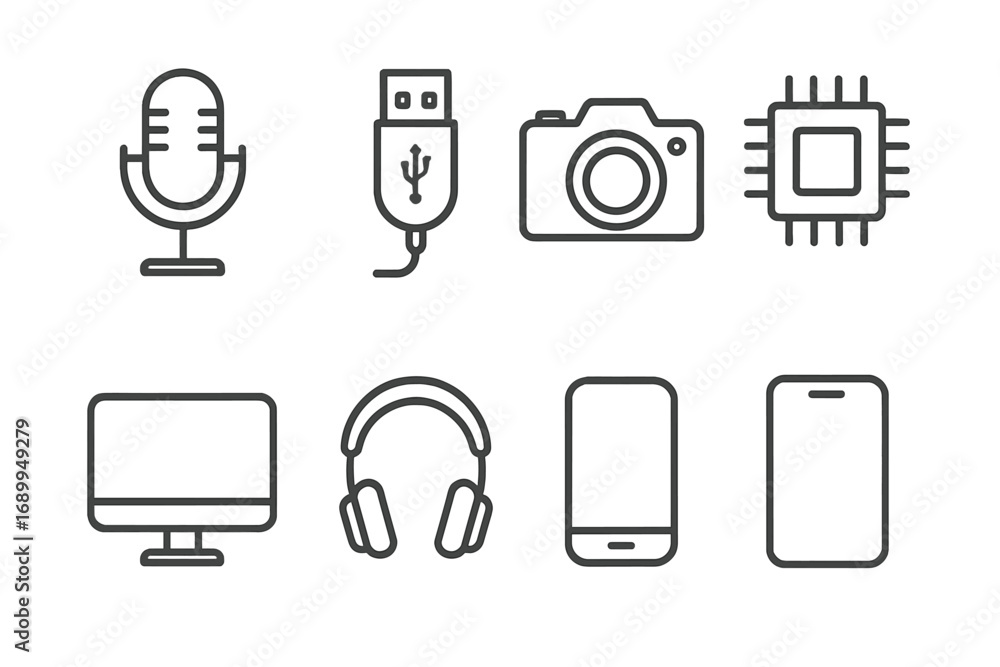 Poster technology icon set. simple line art collection of electronic devices and gadgets. vector icons for 