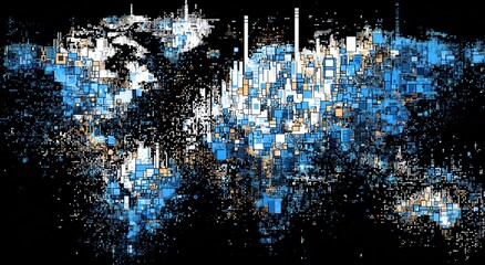 Abstract world map. Blue & white cubes, orange accents on black. Suggests cities rising, data points. Digital feel, futuristic