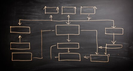 Diagram of flowchart with boxes and lines on a chalkboard, symbolizing planning and connections between tasks or steps