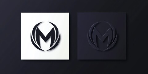 Two square panels displaying a stylized letter M logo enclosed by curved shapes, one on white background and one on dark background, with a sleek and modern design