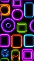 A vibrant, geometric pattern with neon shapes including squares, rounded squares, and circles in various colors against a black background