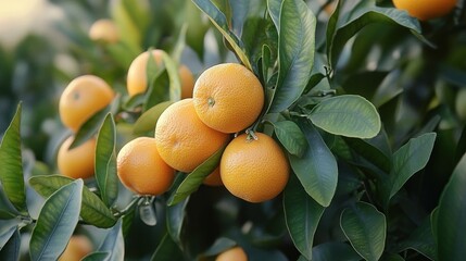 Bright ripe oranges hanging on green leafy branches in an orchard under natural light