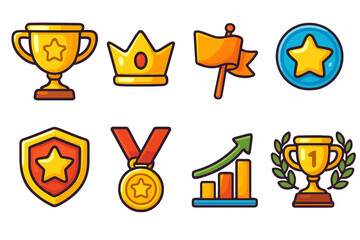 Set of game achievement icons. Award, trophy, crown, medal, and badge for victory. Progress chart, winner cup, and star for level up. Vector cartoon UI elements for app.