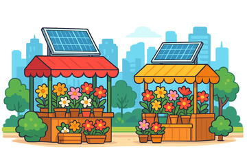 Flower market stalls with solar panels. Concept of sustainable small business, green energy, and eco-friendly city. Urban floral kiosks with renewable power. Vector cartoon set.