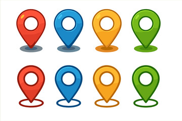 Colorful map marker set. Vector location pin collection in 2 styles. GPS navigation pointer icon. Geolocation destination symbol for maps. Point of interest sign. Flat design.