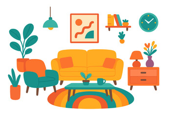 Cozy living room interior with modern furniture set. Sofa, armchair, table, and home decor elements. Houseplants and colorful rug. Flat vector cartoon illustration concept.