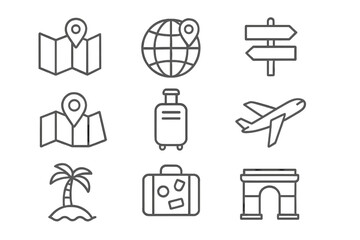 Travel and tourism icon set. Vector line icons for vacation, journey, and navigation. Includes map, location pin, globe, airplane, luggage, palm island, and landmark symbols.