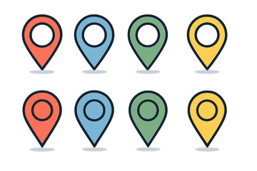 Set of colorful map markers. Location pin icon collection for GPS navigation, travel, and destination concepts. Vector pointer symbol in modern flat & glossy styles.