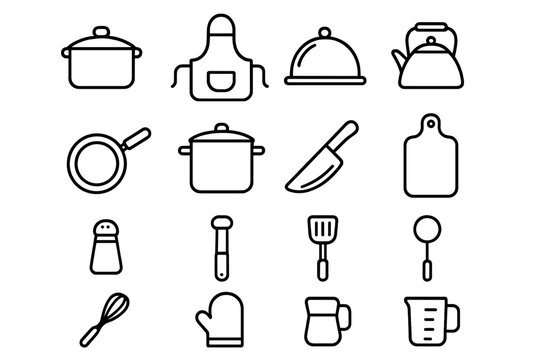 Cooking essentials outline icon set. Kitchen utensil tools line collection. Vector food preparation symbols. Pot, pan, knife, apron for recipe book, menu, culinary website.