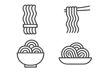 Noodle and ramen line icon set. Asian food symbols for menu, app, and web design. Minimalist vector pictogram collection of pasta, spaghetti, udon, soba in a bowl with chopsticks.