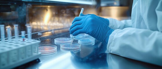 Scientist wearing blue gloves handling petri dishes with colorful bacterial cultures in a sterile laboratory environment under indirect lighting