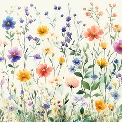 Delicate watercolor painting of various colorful wildflowers including purple, yellow, orange, and blue flowers with green stems and leaves on a light background