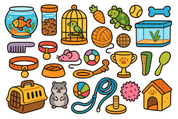 Cute cartoon pet shop icon set. Collection of pet supplies and accessories. Vector illustration for dog, cat, hamster, fish, bird. Food, toys, carrier, collar, leash.
