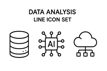 Data analysis line icon set. Database, AI, and cloud computing linear icons. Vector symbols for big data, technology, server storage, and artificial intelligence concept.