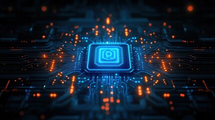 Close-up of a futuristic glowing blue microchip on a circuit board with bright orange and blue electronic pathways illuminating in a dark background
