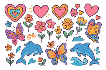 Groovy retro sticker set. Cute 70s cartoon doodle collection with love hearts, flowers, butterflies, and dolphins. Whimsical pop art vector illustration for creative fun.