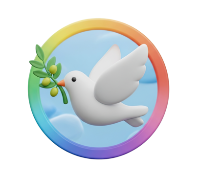 A white dove with olive branches in its beak, flying against a rainbow-colored circle.