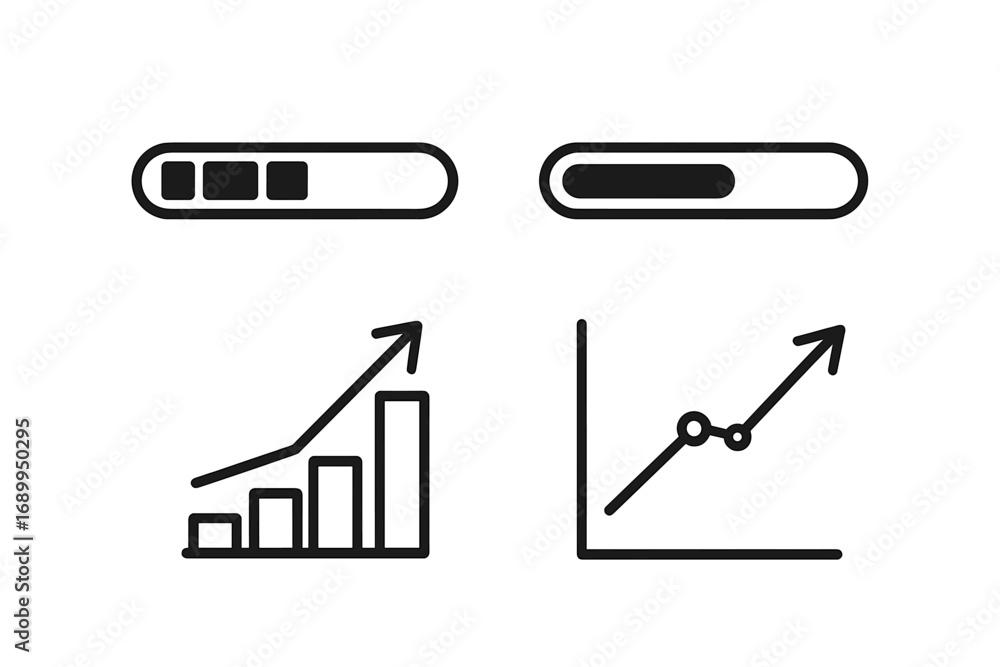 Aufkleber vector line icon set with progress bar and growth chart. ui ux design elements for web and mobile ap