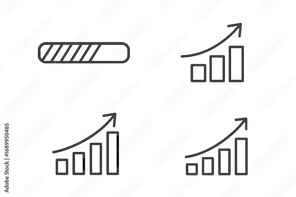 Aufkleber progress bar and growth chart vector icon set. business success, financial increase, development con
