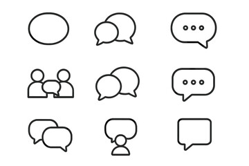 Speech bubble communication icon set. Vector outline chat, message, and dialogue symbols. People talking, discussion, and conversation concept. Editable stroke line art icons.