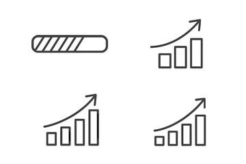 Progress bar and growth chart vector icon set. Business success, financial increase, development concept. Data analysis infographic. Up arrow diagram. Loading indicator.