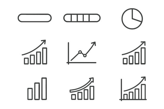 Business growth chart icon set. Data analytics line and bar graphs. Financial success report. Progress bar element. Statistics diagram. Infographic outline vector symbols.