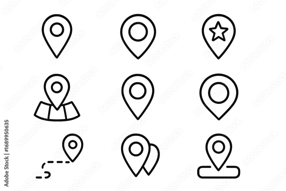 Poster map pin line icon set. location marker, gps pointer signs. navigation symbol for web, app. place, de