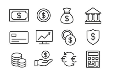 Finance and banking line icon set. Money, currency exchange, investment, and payment symbols. Vector business outline icons for web and mobile. Financial graphic elements.