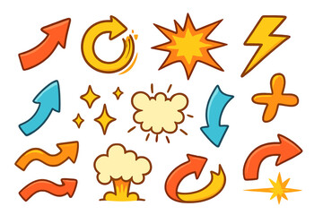 Set of cartoon comic-style graphic elements. Collection includes colorful arrows, action and motion effects like explosion, boom, sparkle, zap, and lightning bolt. Vector illustration.