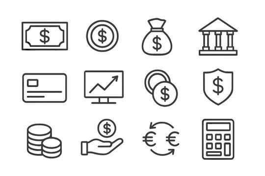 Finance and banking line icon set. Money, currency exchange, investment, and payment symbols. Vector business outline icons for web and mobile. Financial graphic elements.
