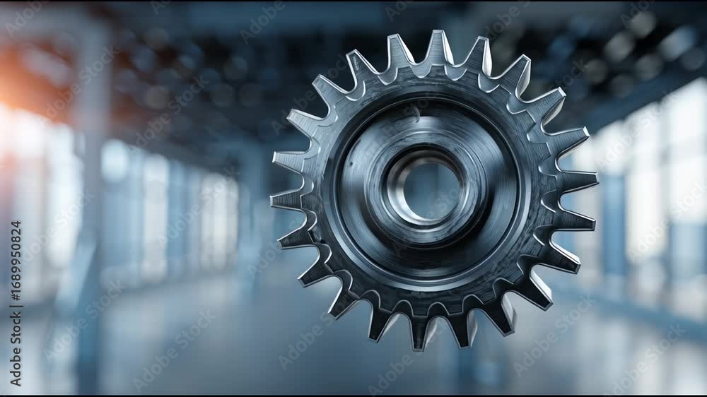 Poster close-up view of a metallic gear rotating in an industrial setting with sunlight streaming through l