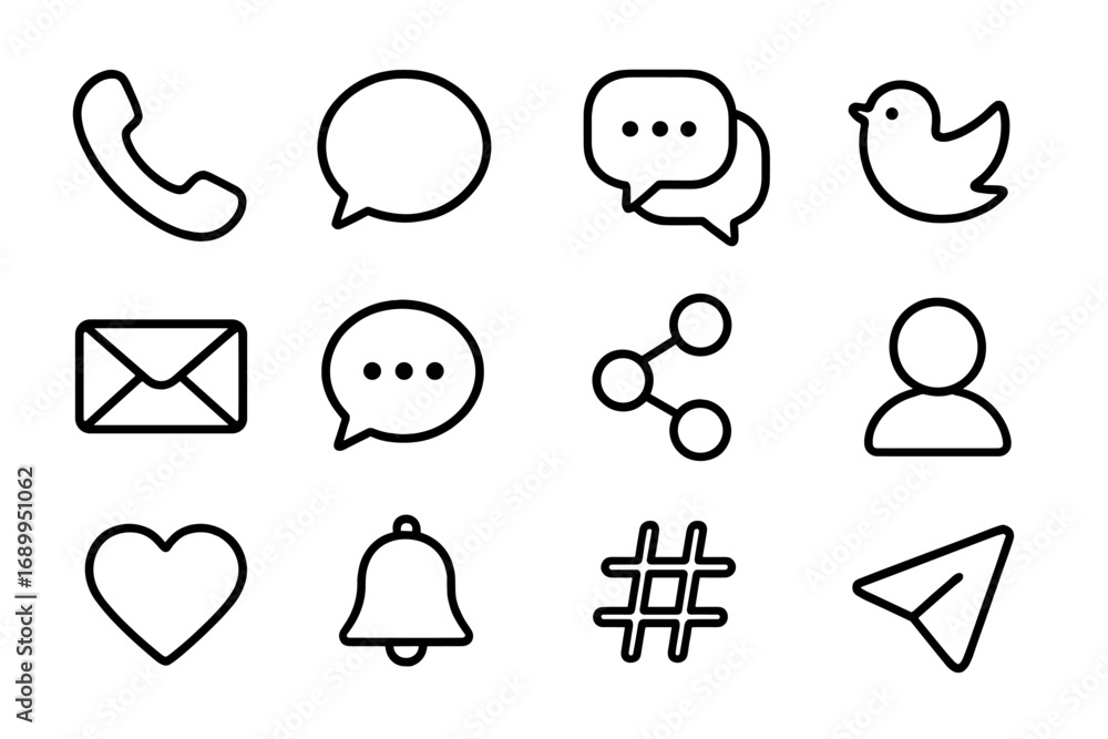 Poster communication and social media outline icon set. thin line vector icons for web and mobile. includes