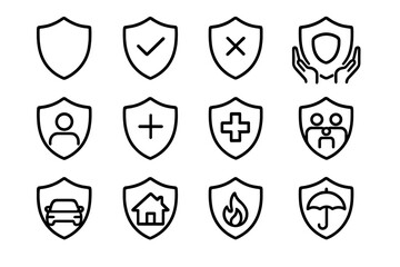 Insurance vector line icon set. Shield security and protection concept. Health, car, home, fire, life, family insurance symbols. Outline signs for graphic and web design, app.