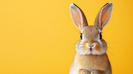 Fototapeta premium Close-up of a curious light brown rabbit with large ears standing against a bright yellow background