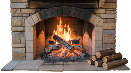 Cozy stone fireplace with roaring fire, perfect for winter holidays