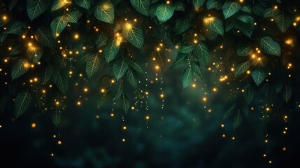 Dark green leaves hanging with numerous glowing golden fairy lights creating a magical and serene atmosphere