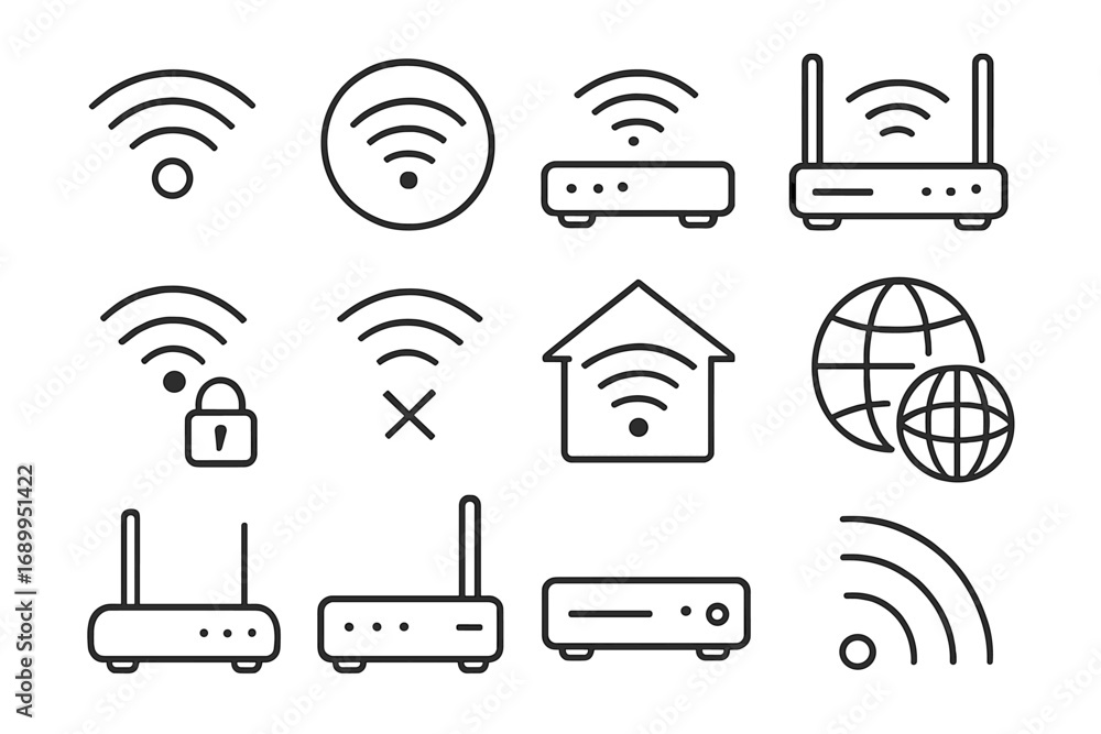 Aufkleber wifi router wireless internet connection line icon set. network signal technology outline signs. vec