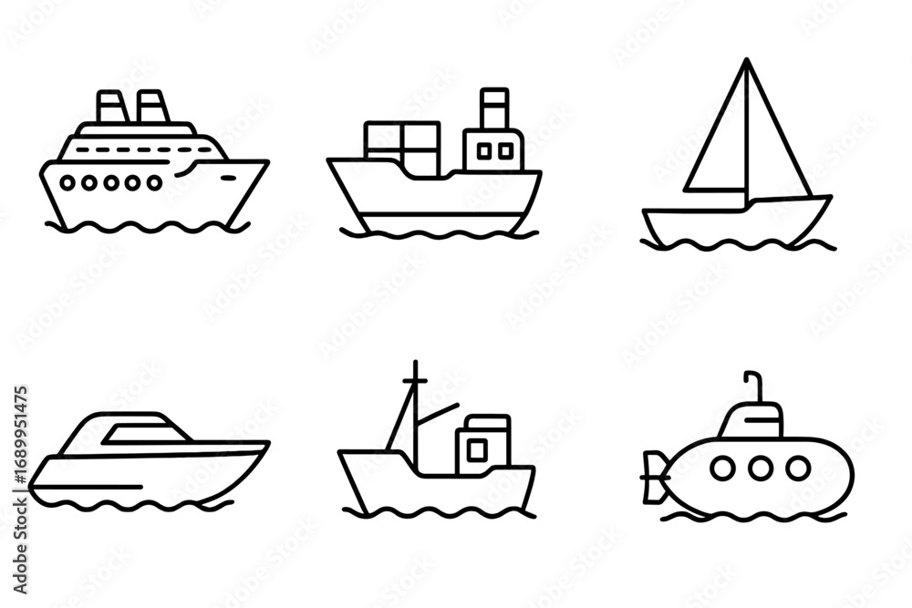 Poster ship and boat line icon set. maritime transport collection. vector outline symbols for web and graph