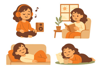Woman character set enjoying cozy indoor activities at home. Girl listening to music, reading a book, resting on the sofa, drinking coffee. Self-care and relaxation concept vector.
