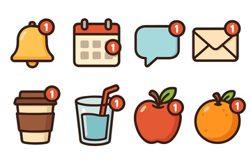 Notification icon set for daily routine reminders. Cute cartoon vectors of bell, calendar, message, mail, coffee, water, and fruit for mobile app UI, UX, and web design.