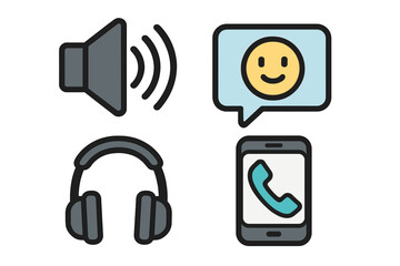 Communication and audio icon set. Vector cartoon illustration. Modern technology interaction elements. Speaker, headphone, smartphone and message chat bubble with happy emoji.