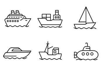 Ship and boat line icon set. Maritime transport collection. Vector outline symbols for web and graphic design. Includes cruise liner, cargo ship, sailboat, submarine, yacht.